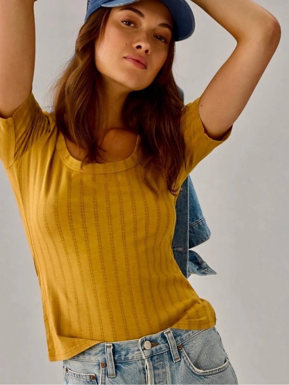 Pilcro mustard pointelle Short Sleeve Scoop Neck Top